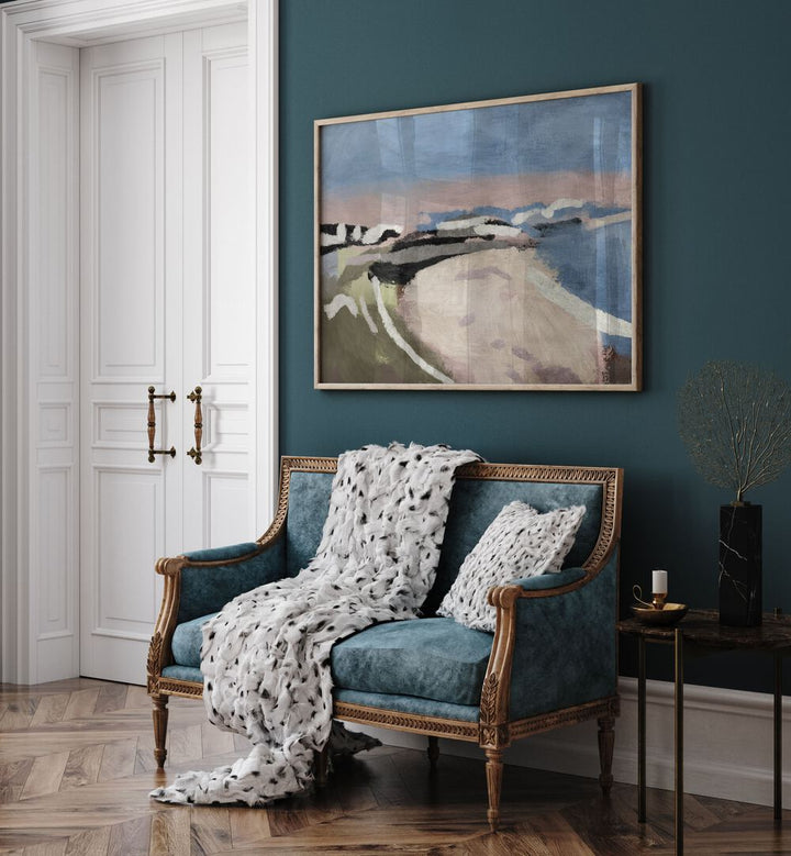 Stylish living room featuring vibrant CORNISH, BEACH PAINTINGS that capture the beauty of the Cornish coastline.