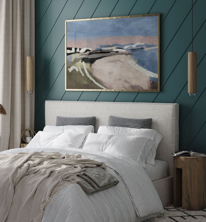 Discover the serene vibes of CORNISH, BEACH PAINTINGS beautifully framed above a cozy bed in a stylish bedroom.