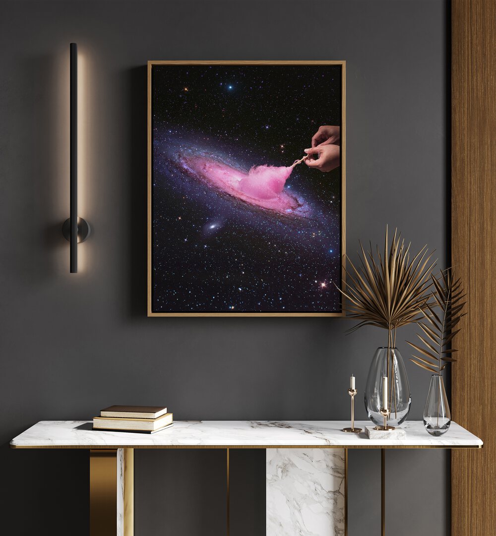 Cosmic Cotton Candy  Surreal Art Painting Artwork in golden frame above a white table on a grey wall