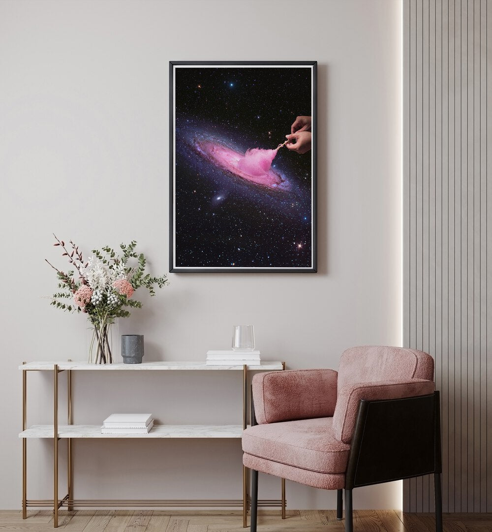 Cosmic Cotton Candy  Surreal Art Painting Artwork in plain black frame above a table on a white wall