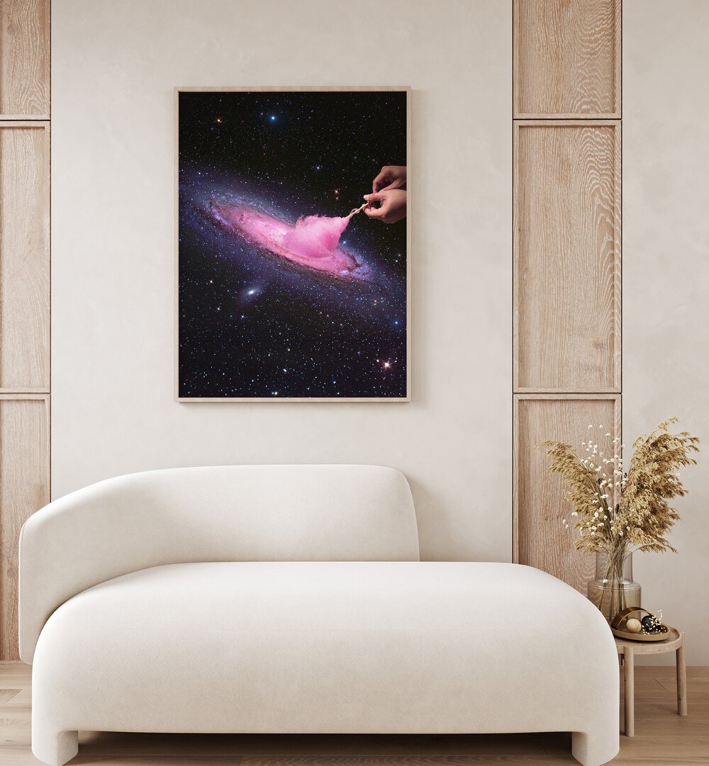 Cosmic Cotton Candy  Surreal Art Painting Artwork in plain oakwood frame behind a sofa on a white wall