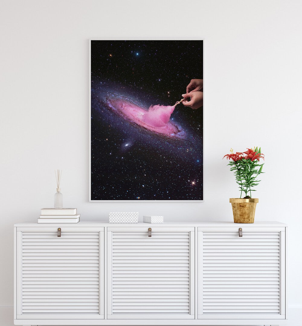 Cosmic Cotton Candy  Surreal Art Painting Artwork in plain white frame above a console table on a white wall