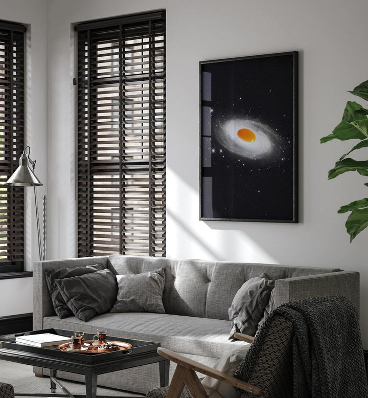 Cosmic Egg Surreal Art Painting Artwork in black plain frame behind a sofa for living room