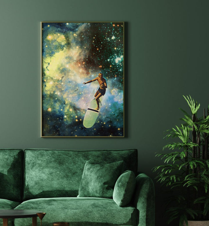 Cosmic Surfer Surreal Art Painting Artwork in plain golden frame behind a green sofa on a green wall