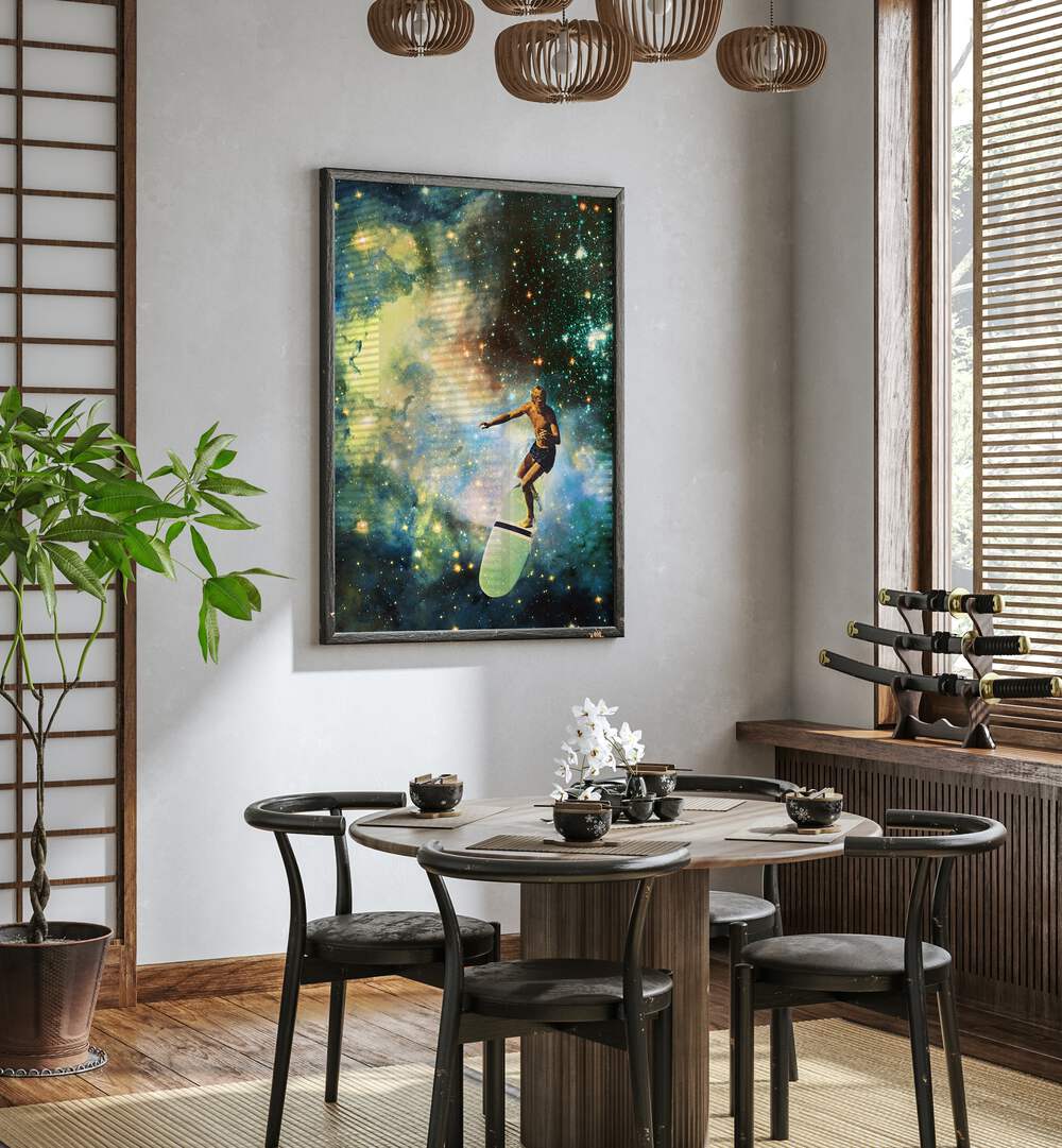 Cosmic Surfer Surreal Art Painting Artwork in plain black frame beside a window for dining area