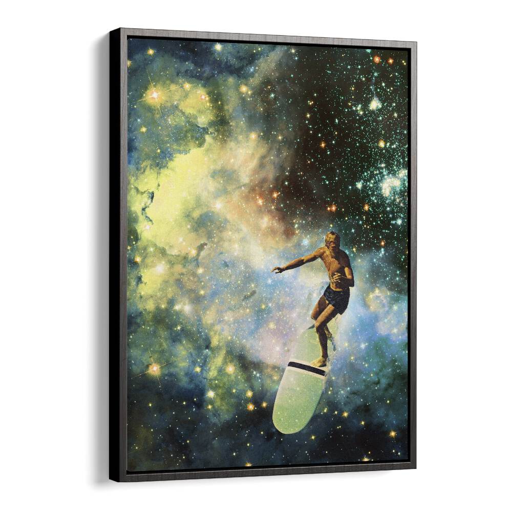 Cosmic Surfer Surreal Painting  Artwork  in Black Floater Frame