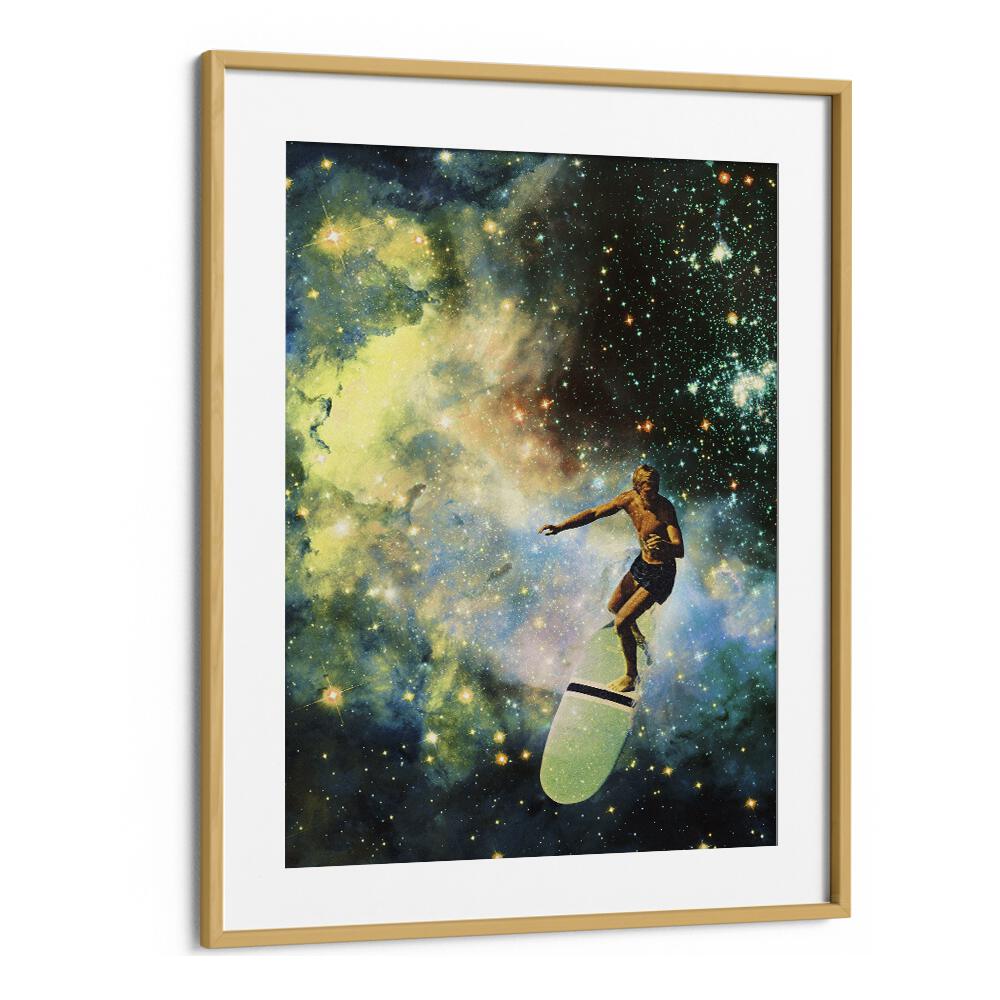 Cosmic Surfer Surreal Painting  Artwork in Oak Wood Frame With Mount
