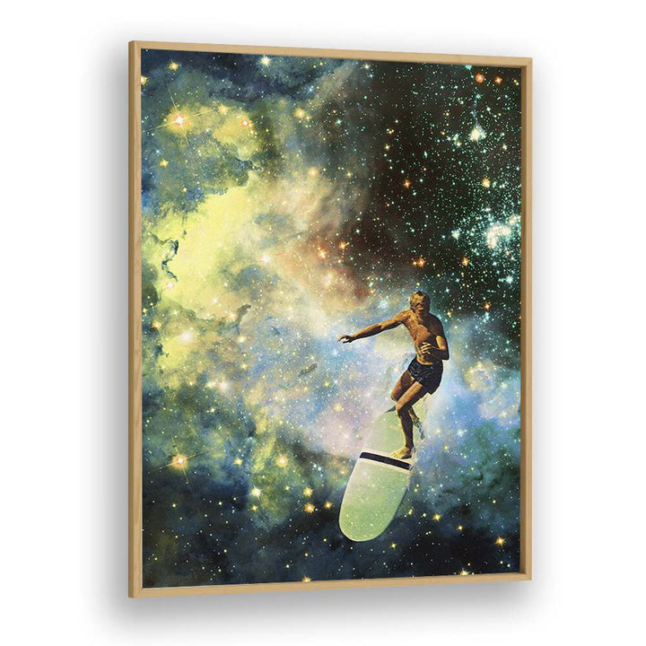 Cosmic Surfer Surreal Painting Artwork in Oak Wood Plain Frame