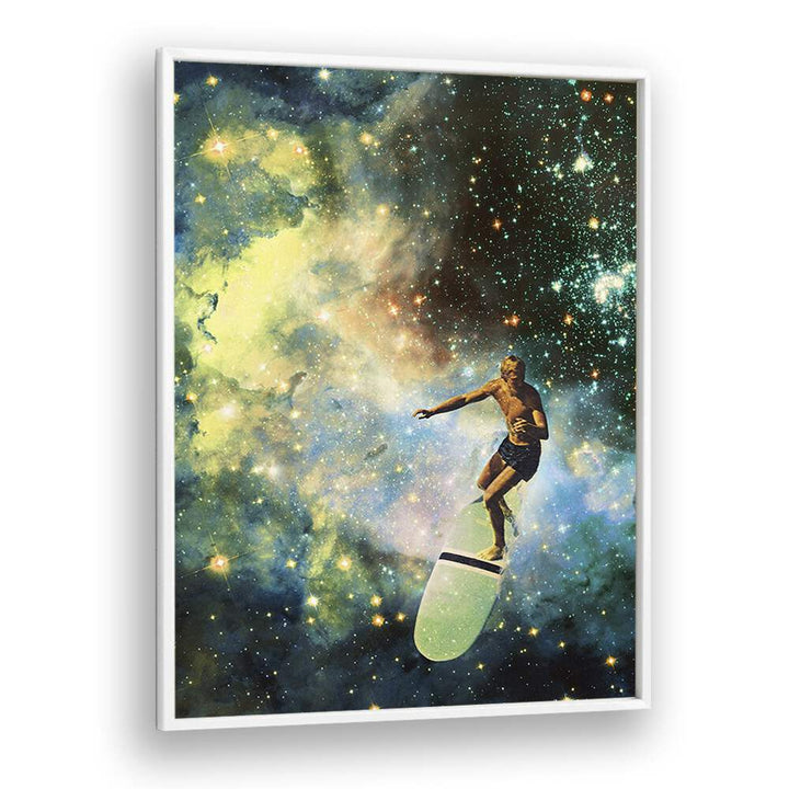 Cosmic Surfer  Surreal Painting Artwork  in White Plain Frame