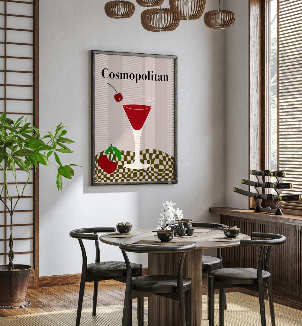 Cosmopolitan, Bar Art Prints Artwork in Black Plain Frame
placed on a White Colored Wall
near a Dining Table
in the Dining Room
