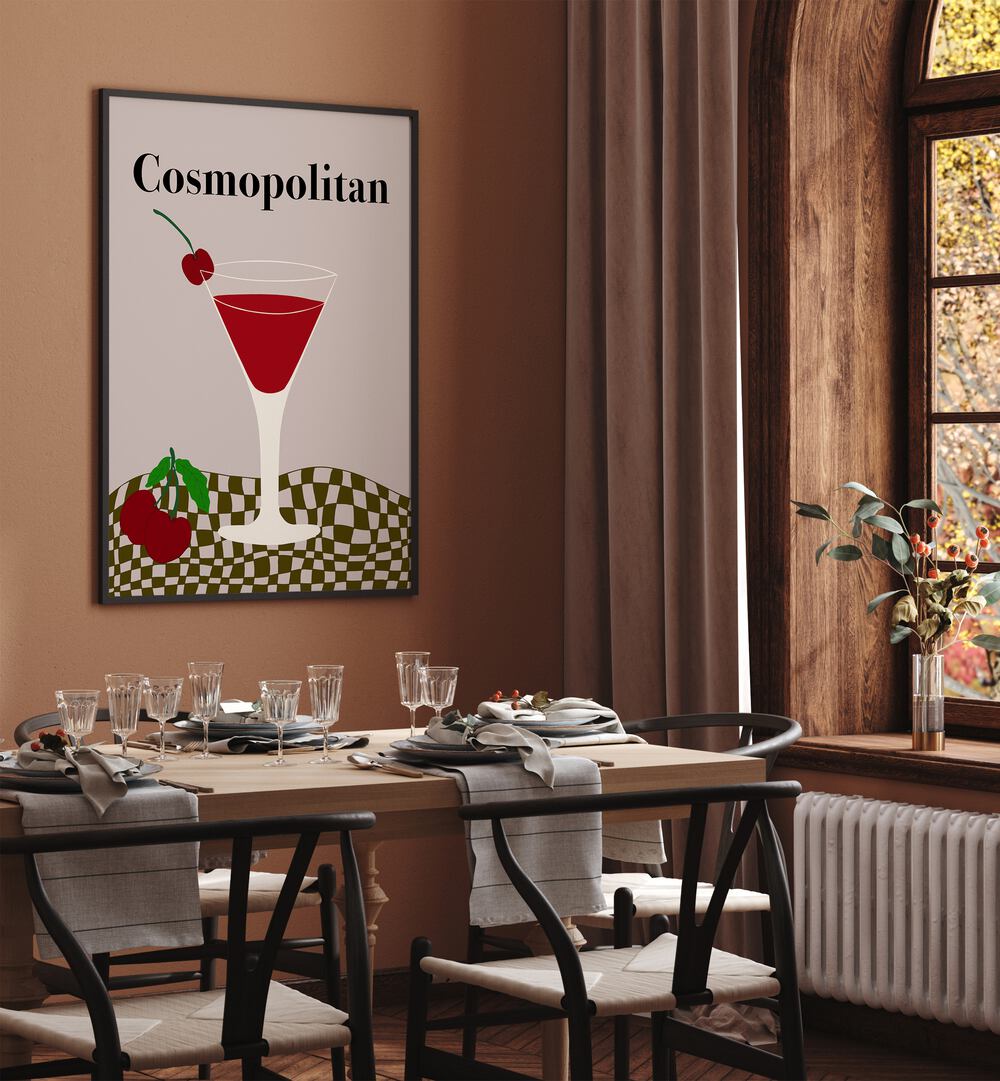 Cosmopolitan, Bar Art Prints Artwork in Black Plain Frame
placed on a Brown Colored Wall
near a Dining Table
in the Dining Room
