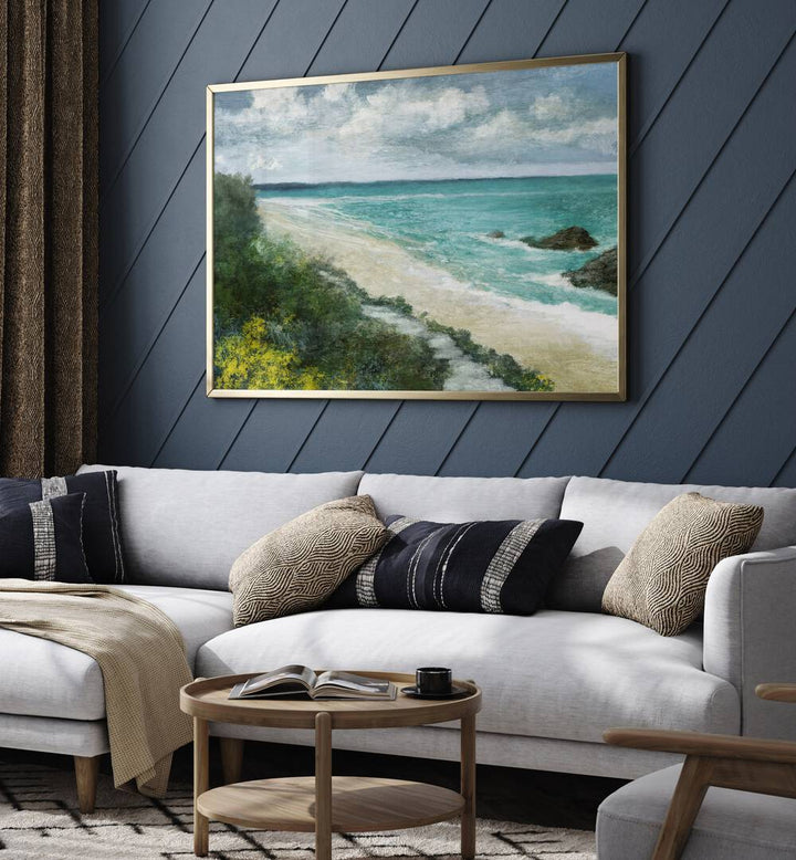 Stunning COASTAL WALK, BEACH PAINTINGS displayed above a cozy sofa, enhancing any living space with coastal vibes.