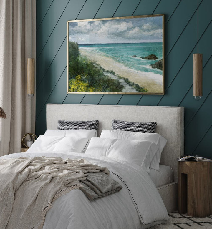 Elegant COASTAL WALK, BEACH PAINTINGS enhance a serene bedroom, showcasing tranquil seaside beauty and style.
