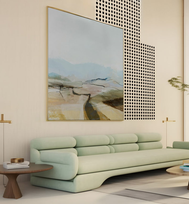Stylish COUNTRYVIEW Landscape Paintings adorn a modern living room, enhancing serenity and natural beauty.