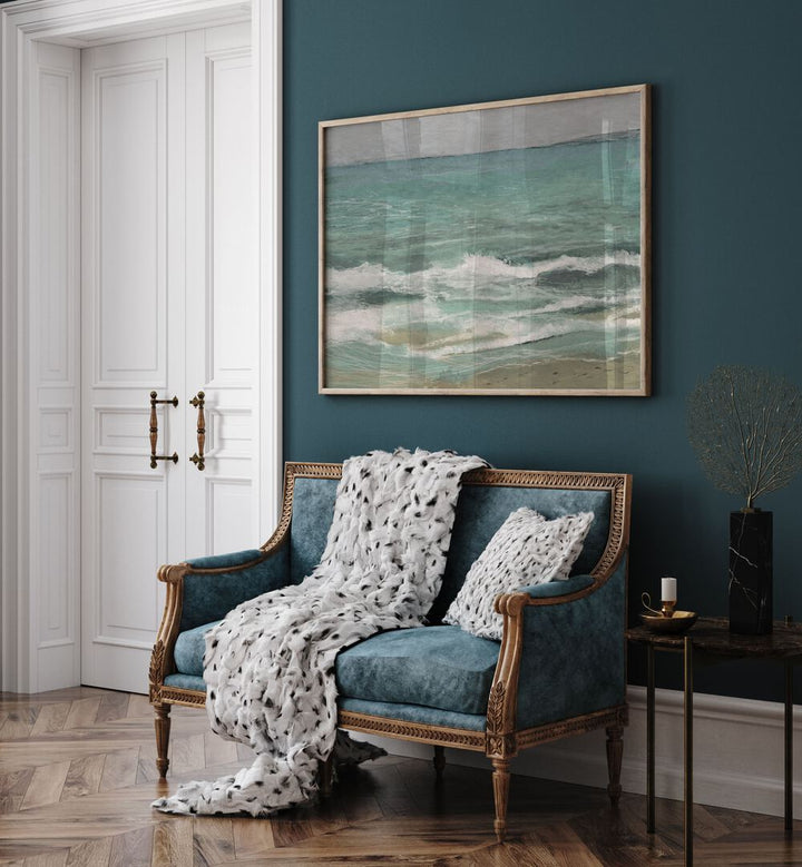 Serene living room featuring CRASHING WATERS, BEACH PAINTINGS that capture dynamic ocean waves for a coastal escape.