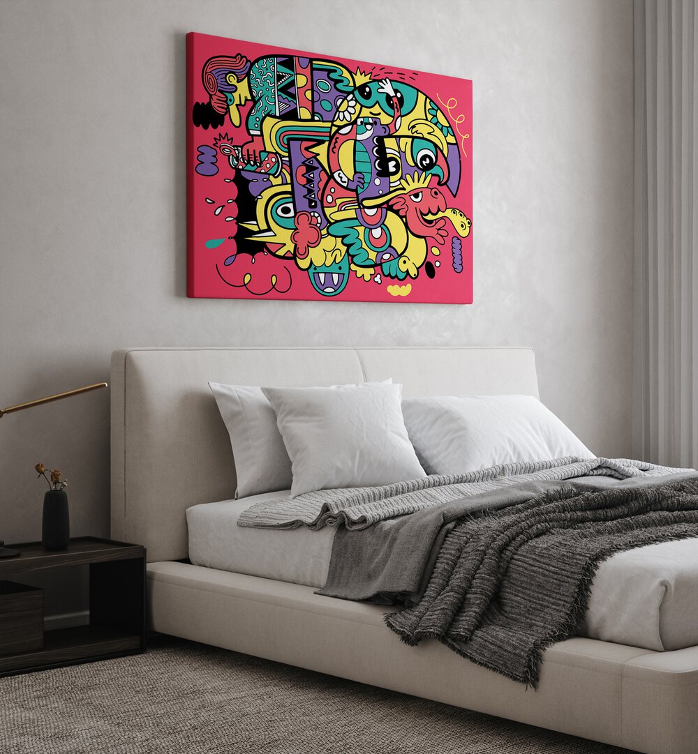 Crazy Abstract Doodle Comic Art Artwork in Gallery Wrap on a White Wall Near the Bed Back of a White Bed in The Bedroom