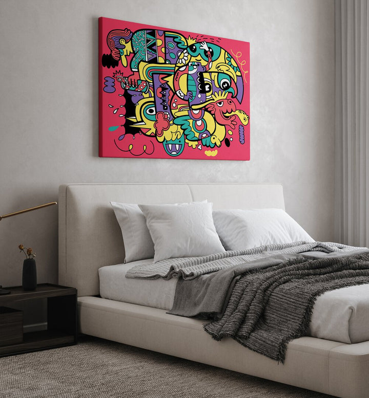 Crazy Abstract Doodle Comic Art Artwork in Gallery Wrap on a White Wall Near the Bed Back of a White Bed in The Bedroom