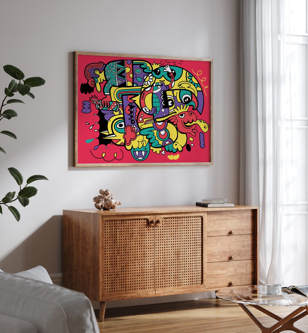 Crazy Abstract Doodle Comic Art Artwork in Oak Wood Plain Frame placed on a White wall above a wooden console table in the living room