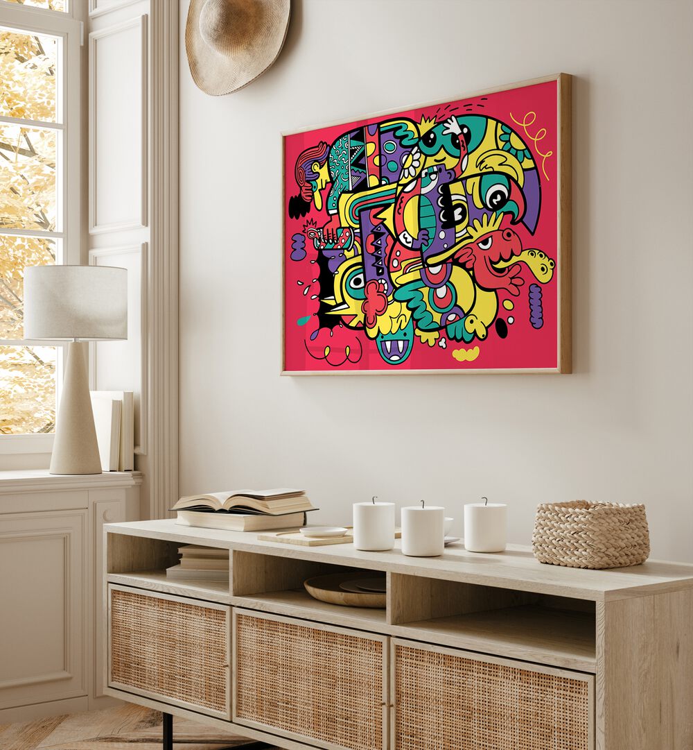 Crazy Abstract Doodle Comic Art Artwork in Oak Wood Plain Frame placed on a Cream colored wall above a wooden console table