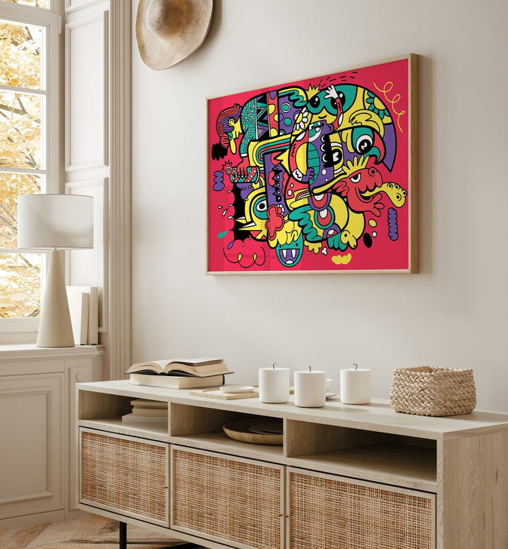 Crazy Abstract Doodle Comic Art Artwork in Oak Wood Plain Frame placed on a Cream colored wall above a wooden console table