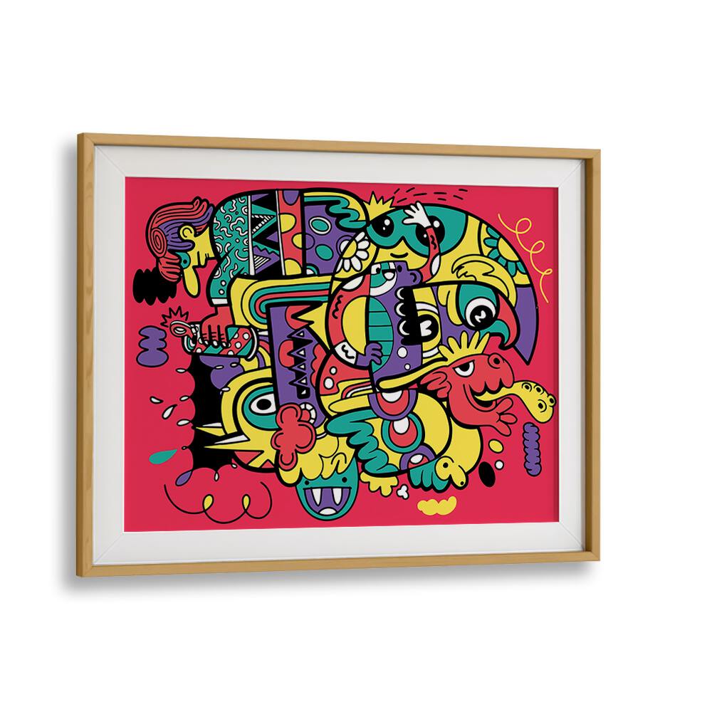 Crazy Abstract Doodle Comic Art Artwork in Oak Wood Frame With Mount