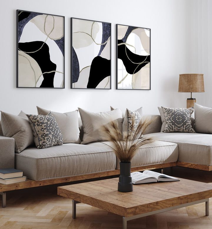 CREAM NOIR CURVED COMPOSITION SET , SET OF 3 PAINTINGS