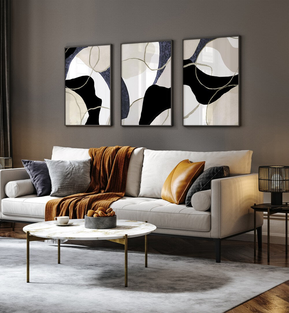 CREAM NOIR CURVED COMPOSITION SET , SET OF 3 PAINTINGS