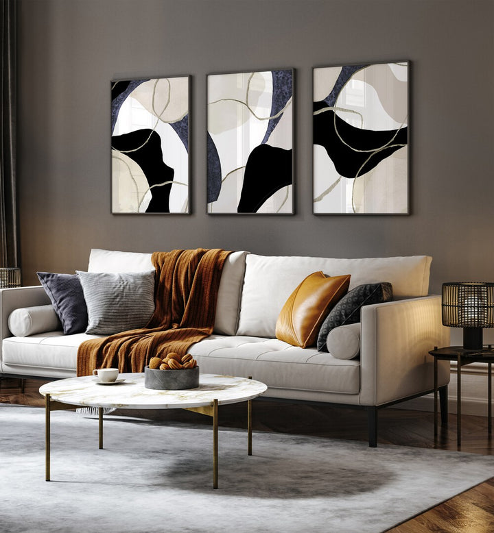 CREAM NOIR CURVED COMPOSITION SET , SET OF 3 PAINTINGS