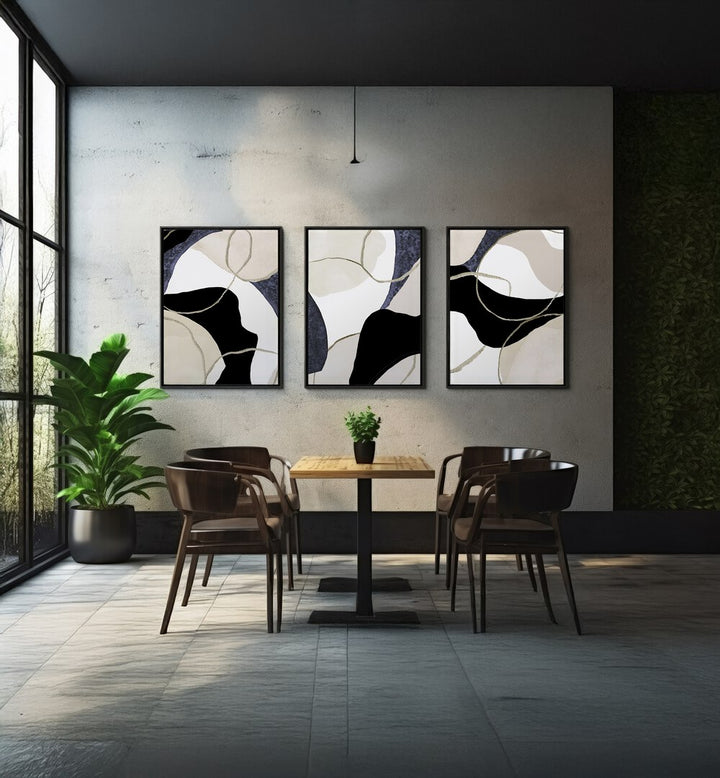 CREAM NOIR CURVED COMPOSITION SET , SET OF 3 PAINTINGS