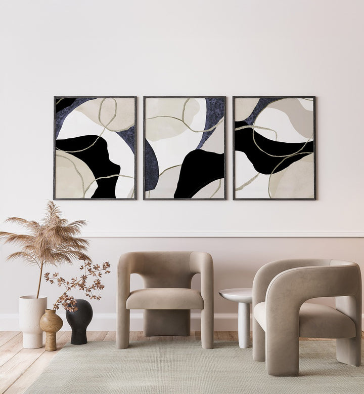 CREAM NOIR CURVED COMPOSITION SET , SET OF 3 PAINTINGS