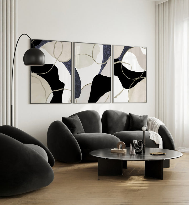 CREAM NOIR CURVED COMPOSITION SET , SET OF 3 PAINTINGS