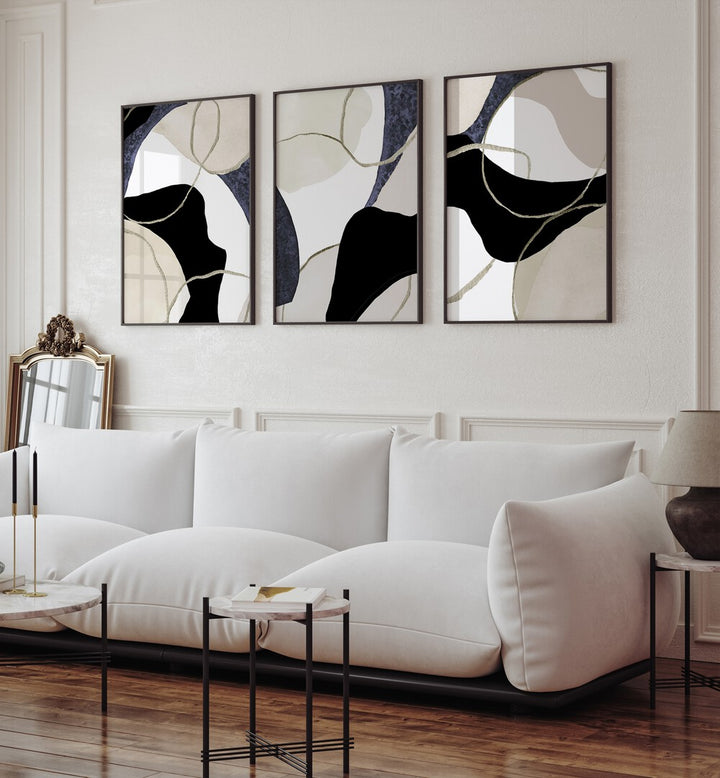 CREAM NOIR CURVED COMPOSITION SET , SET OF 3 PAINTINGS