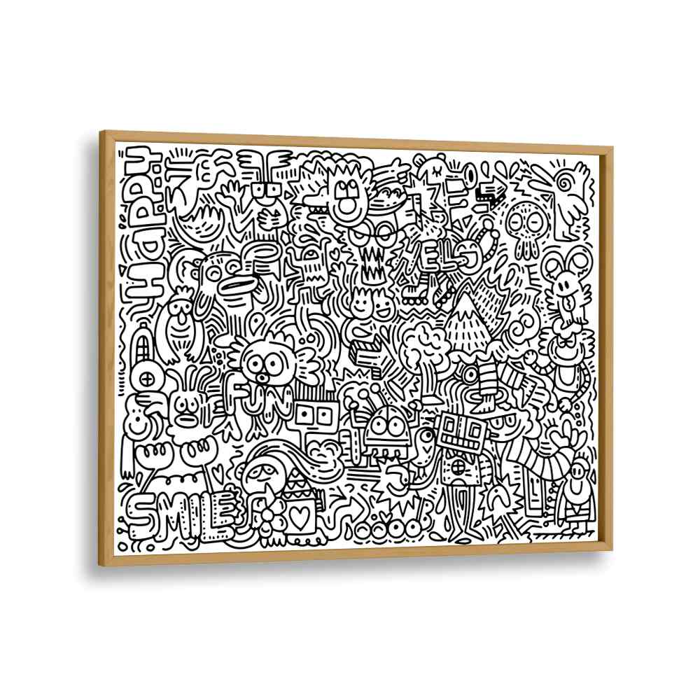 Creature Carnival Doodle Art Artwork in Oak Wood Plain Frame