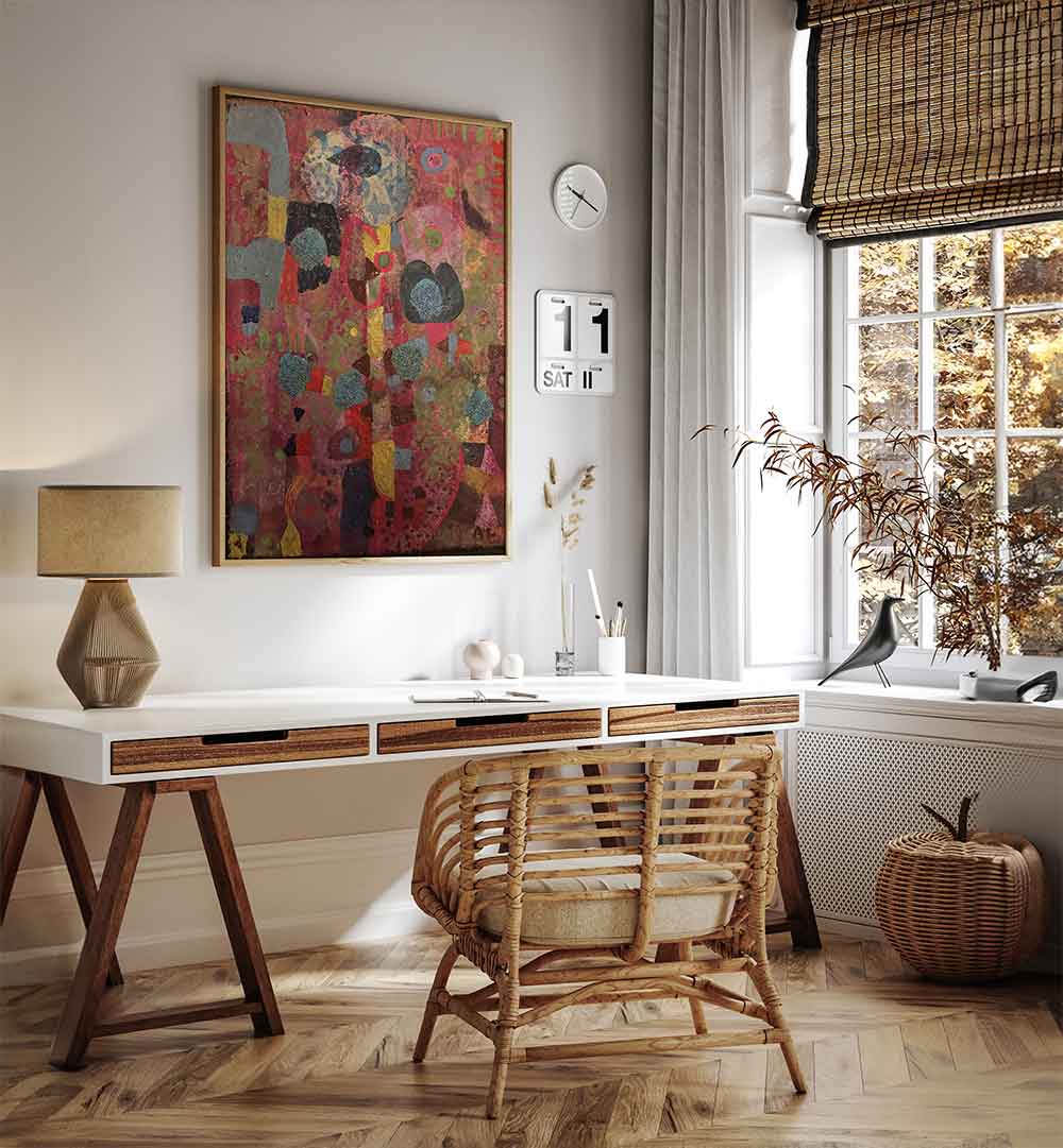 CRIMSON RHYTHM , ABSTRACT PAINTINGS hung above a white desk, rich crimson tones, layered texture and dynamic brushwork