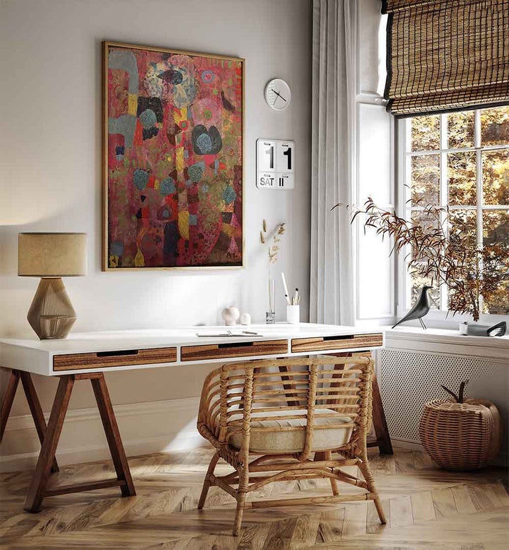 CRIMSON RHYTHM , ABSTRACT PAINTINGS hung above a white desk, rich crimson tones, layered texture and dynamic brushwork