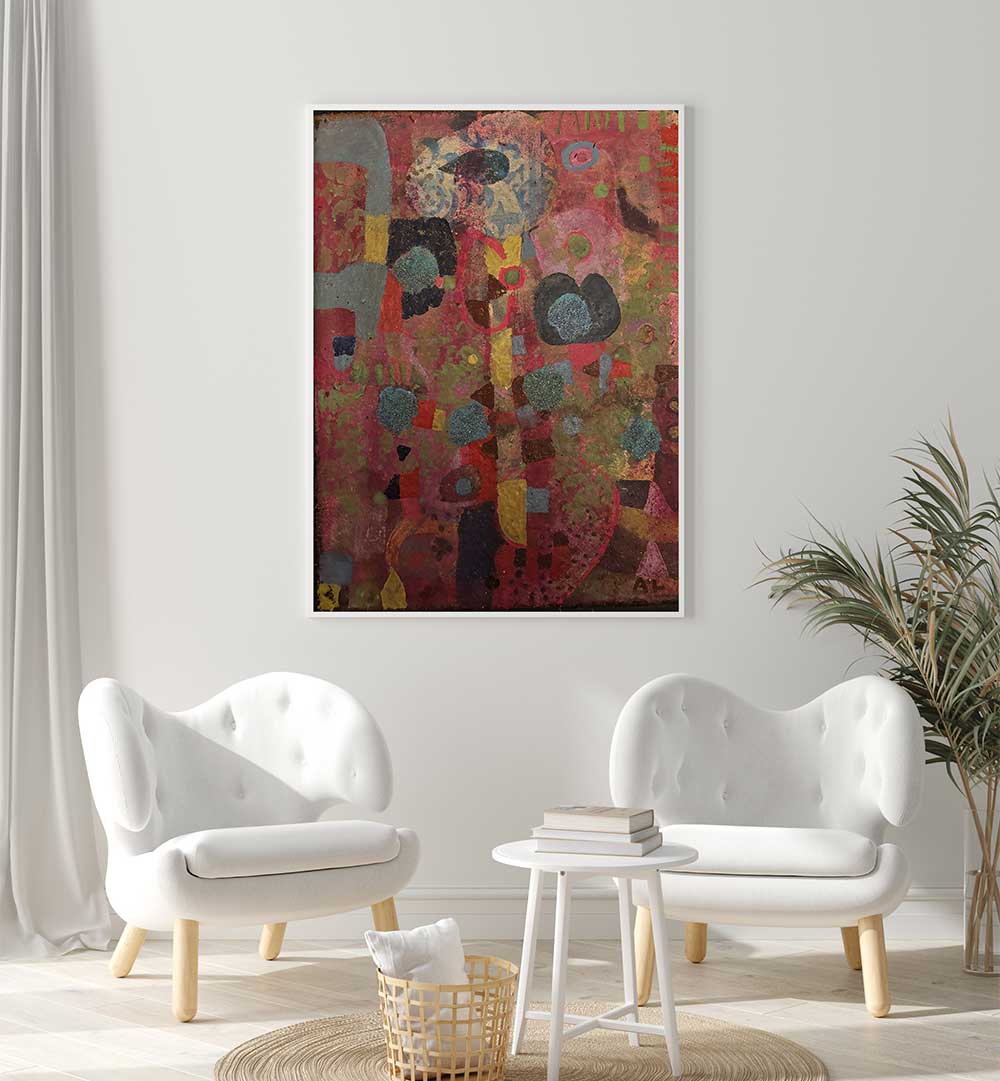 CRIMSON RHYTHM , ABSTRACT PAINTINGS with bold crimson tones and layered texture serving as a modern living room focal