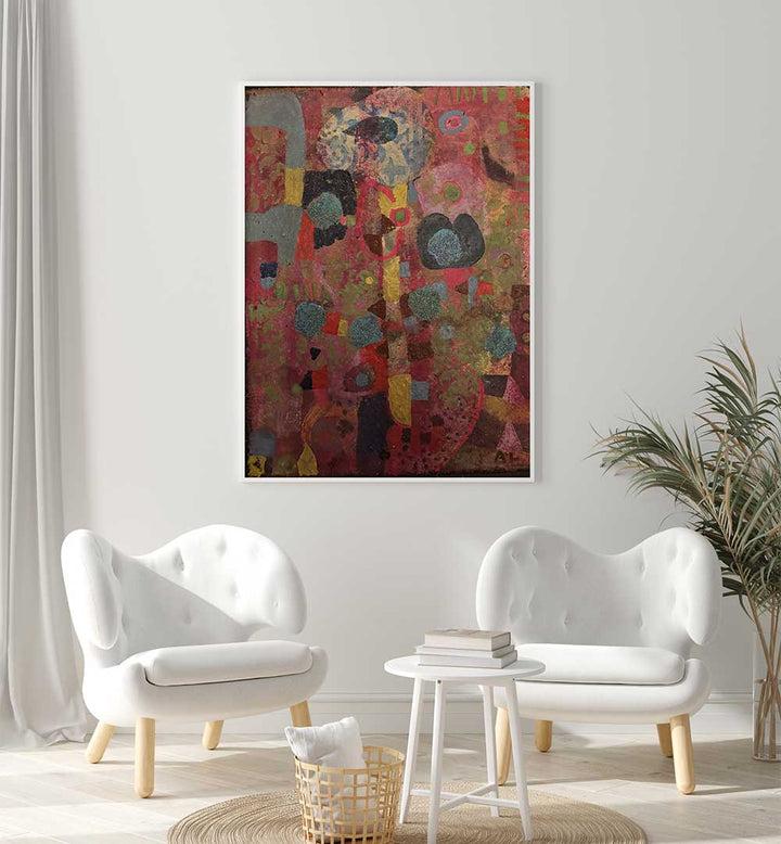 CRIMSON RHYTHM , ABSTRACT PAINTINGS with bold crimson tones and layered texture serving as a modern living room focal