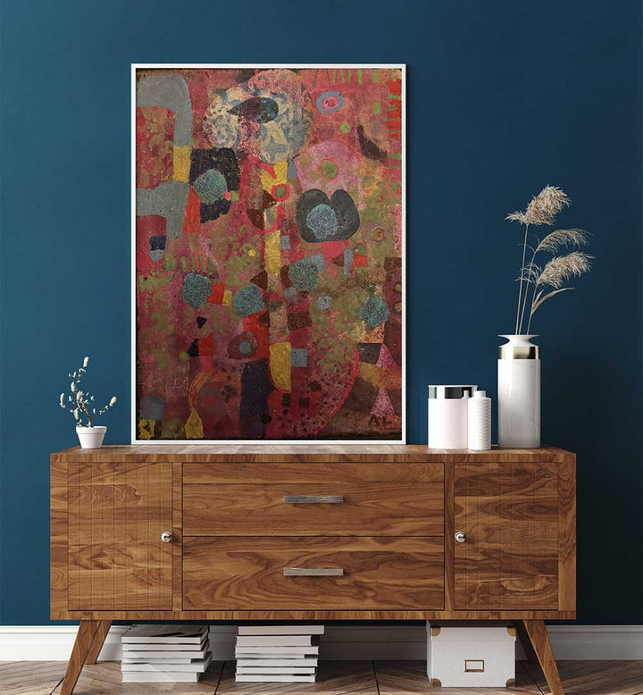 CRIMSON RHYTHM , ABSTRACT PAINTINGS bold crimson textured abstract canvas above wooden console against navy wall