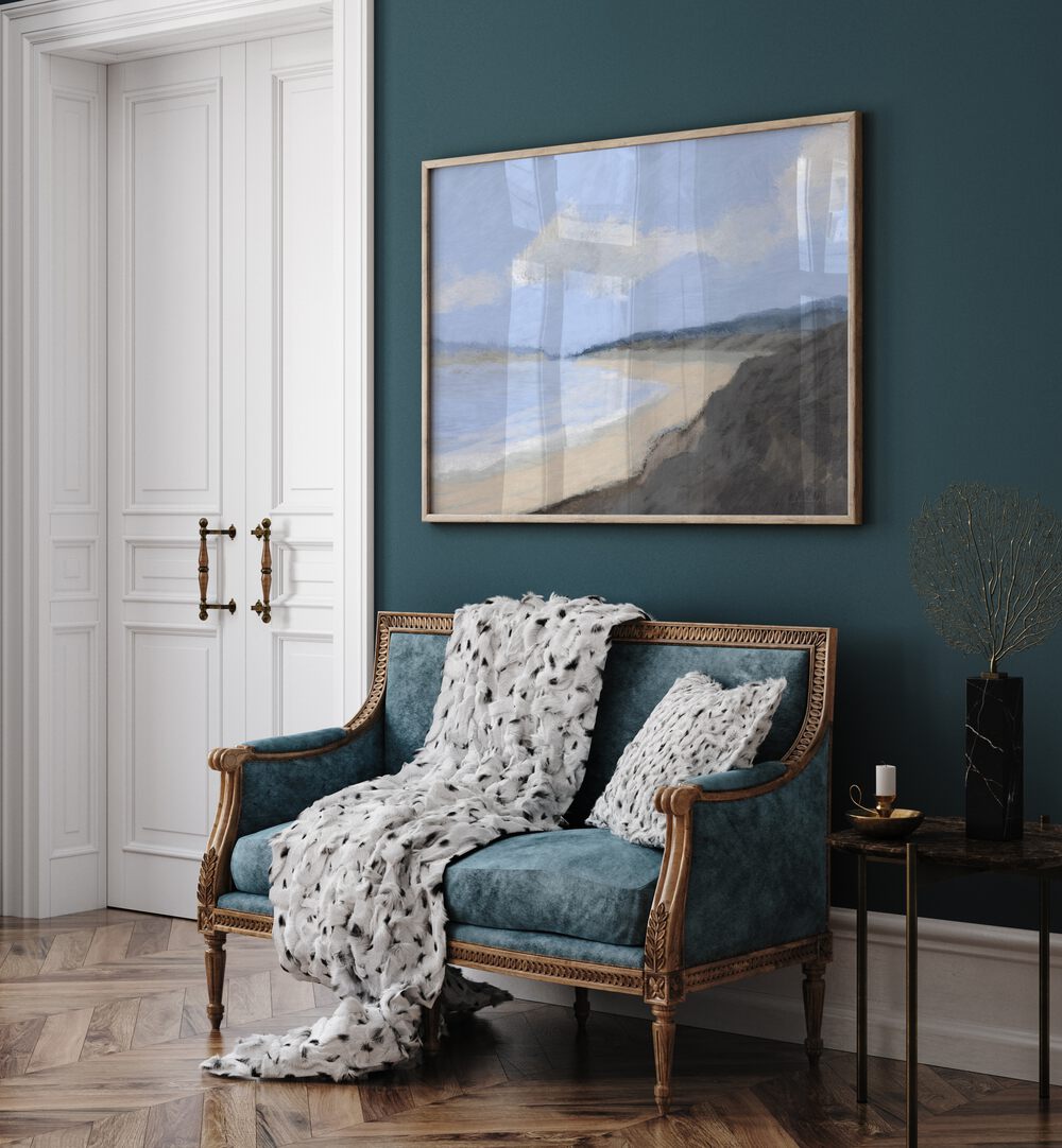 Serene CROYDE Beach Paintings adorn a stylish living room, capturing the essence of Croyde Bay's tranquility.