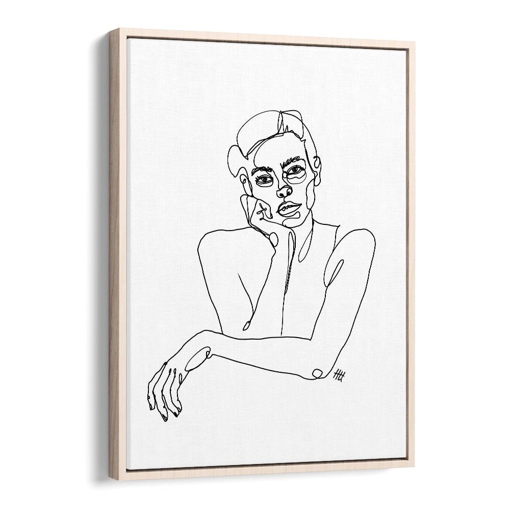 Curious Line Art Artwork in Oak Wood Floater Frame