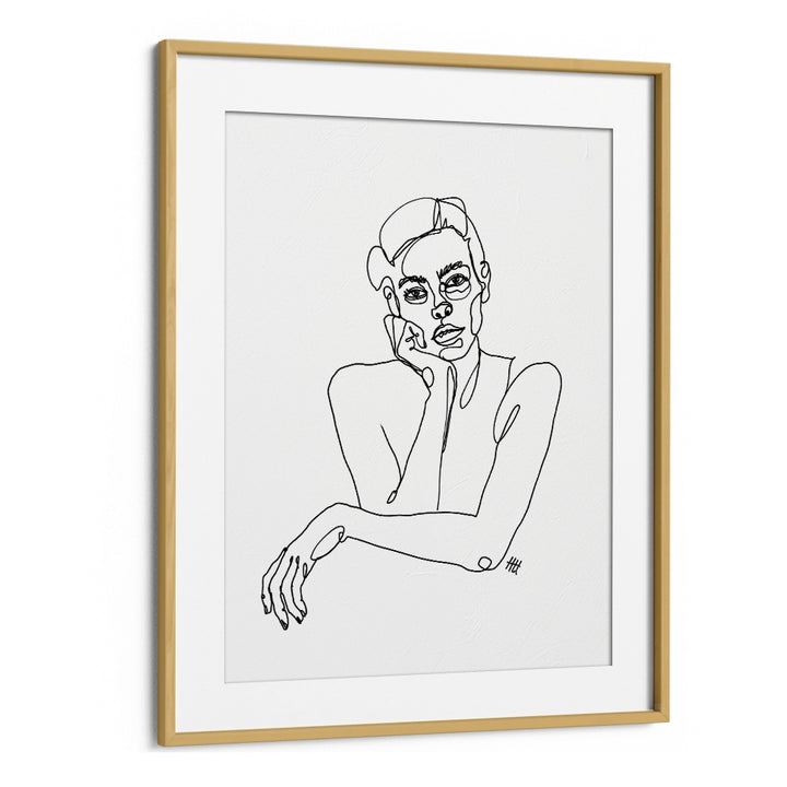 Curious Line Art Artwork in Oak Wood Frame With Mount