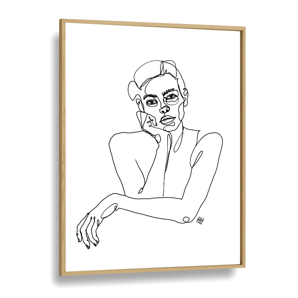 Curious Line Art Artwork in Oak Wood Plain Frame