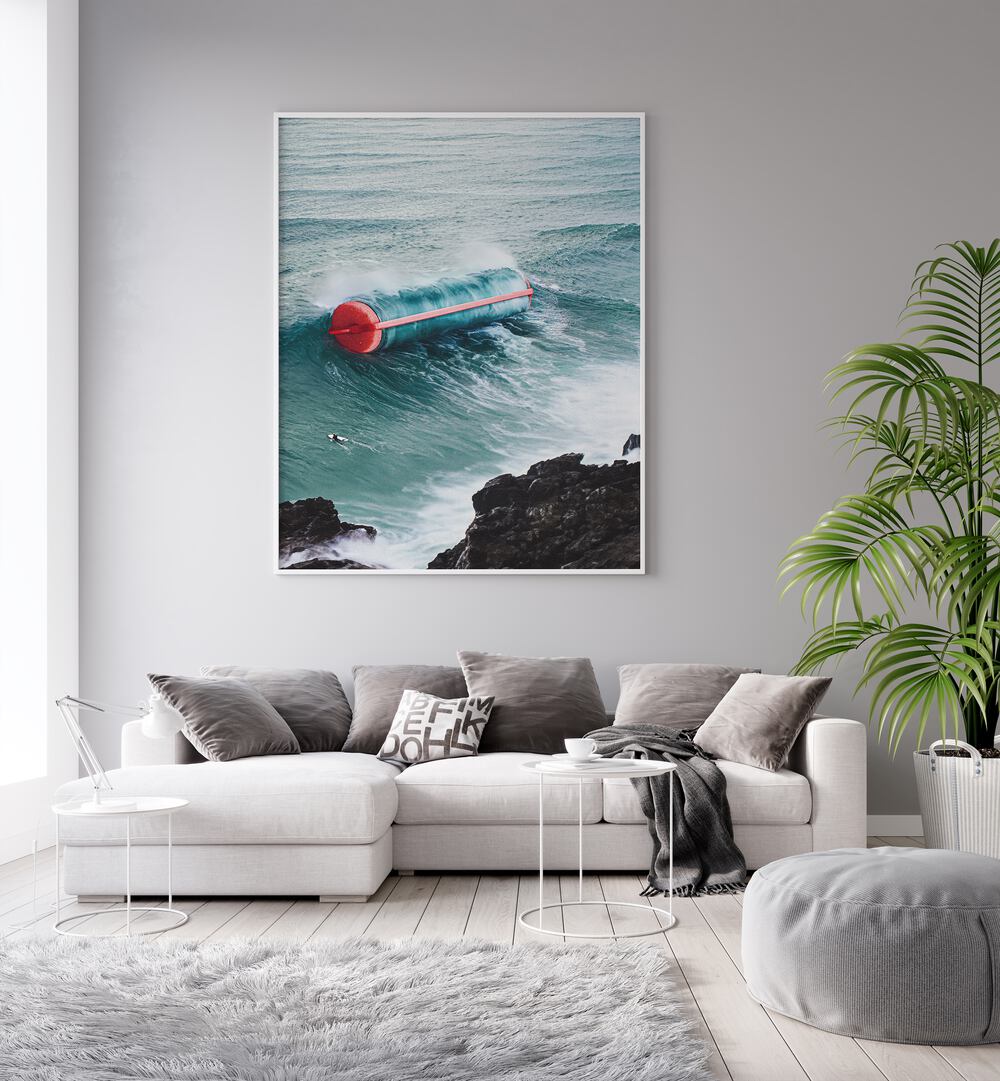 Curl Power Surreal Art Painting Artwork in plain white frame behind a sofa for living room