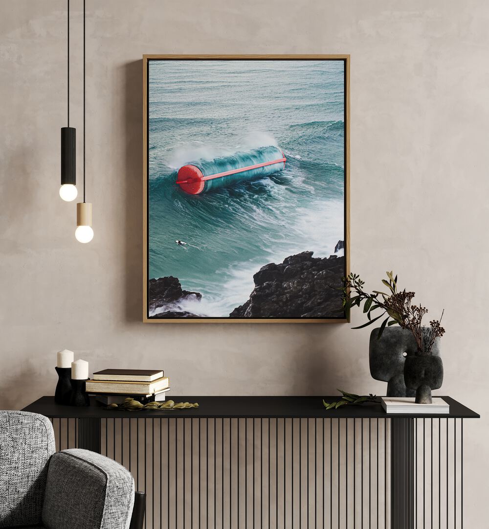 Curl Power Surreal Art Painting Artwork in oakwood floater frame above a black table on a beige wall