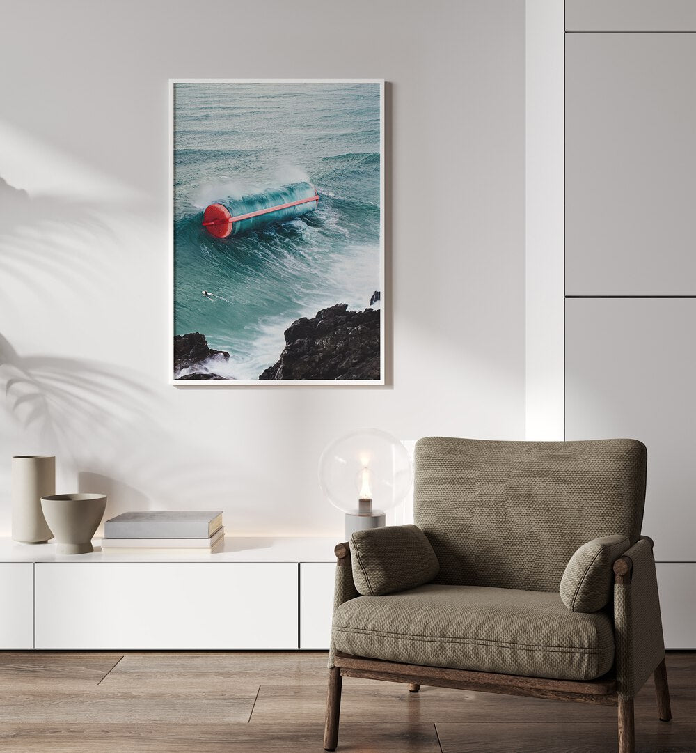 Curl Power Surreal Art Painting Artwork in plain white frame above a white table on a white wall