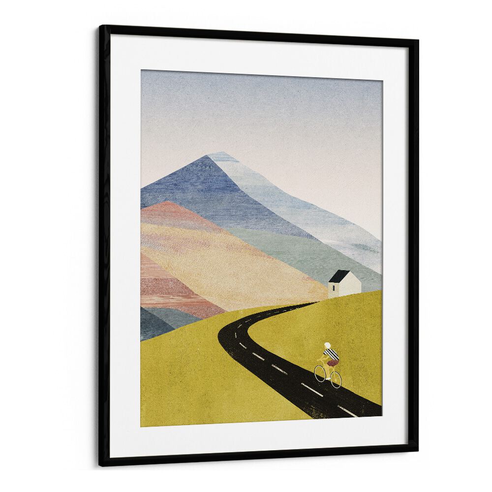 Cycling home Landscape Art Artwork in Black Frame With Mount