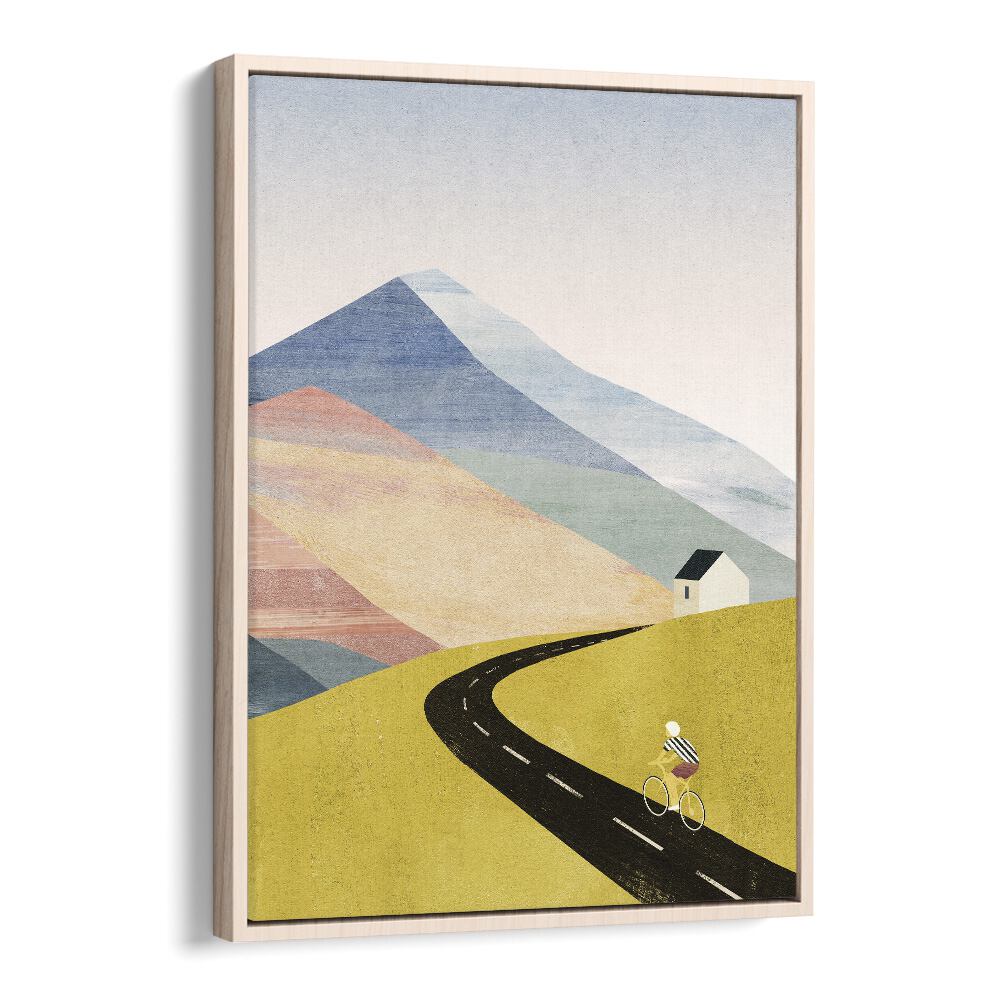 Cycling home Landscape Art Artwork in Oak Wood Floater Frame