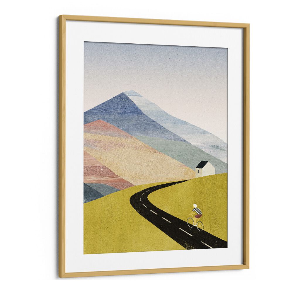 Cycling home Landscape Art Artwork in Oak Wood Frame With Mount