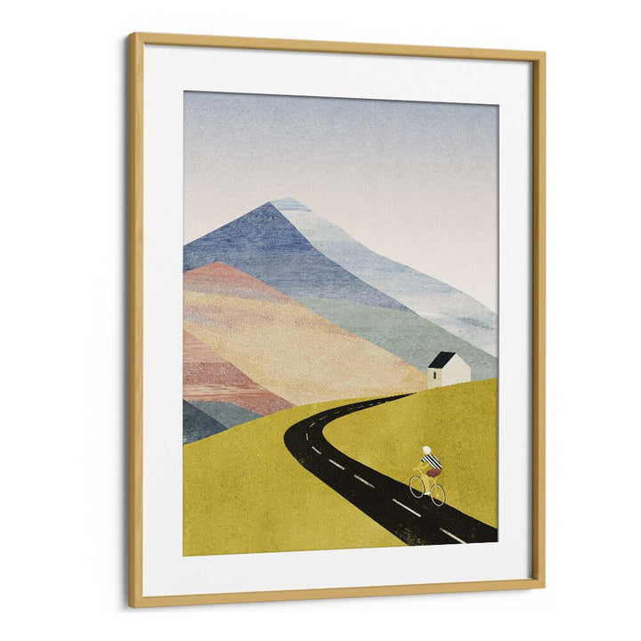 Cycling home Landscape Art Artwork in Oak Wood Frame With Mount