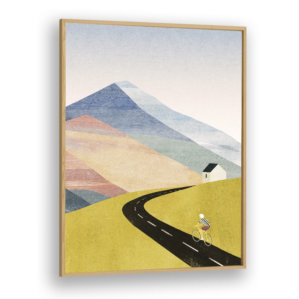 Cycling home Landscape Art Artwork in Oak Wood Plain Frame